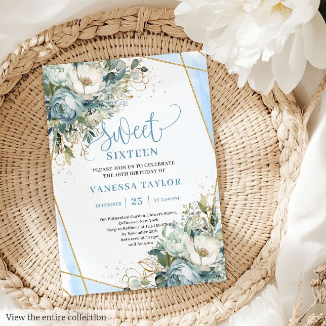 Modern Dusty Blue White Peonies Sweet 16 Invites (Modern Dusty Blue White Peonies Sweet 16 Invitation)