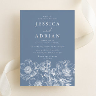 Modern Dusty Blue & White Peony Line Art Wedding Invitation