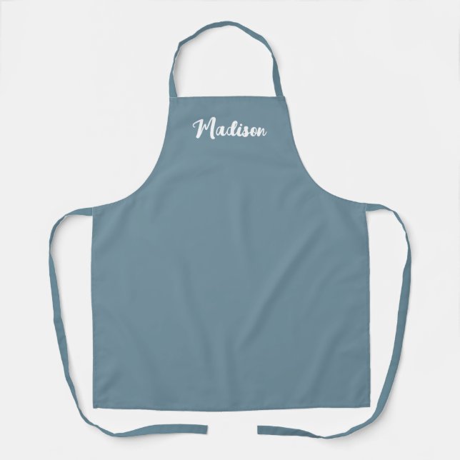 Modern Dusty Blue White Script Monogram Name Apron (Front)