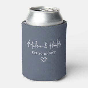 Modern Dusty Blue White Script Name Wedding Favour Can Cooler