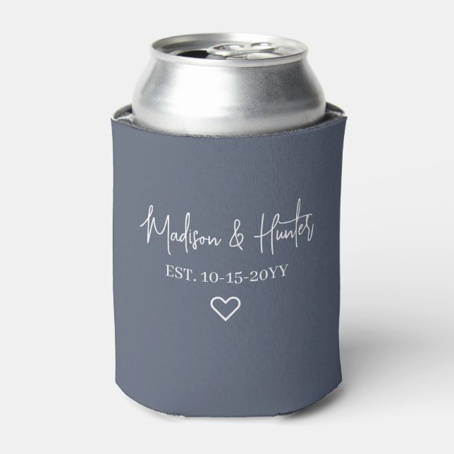 Modern Dusty Blue White Script Name Wedding Favour Can Cooler (Can Front)