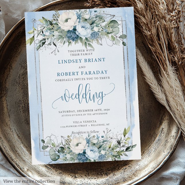 Modern Dusty Blue White Silver Roses Wedding   Invitation (Modern Dusty Blue White Silver Roses Wedding Invitation)