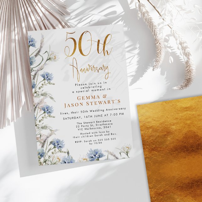 Modern Dusty Blue Wildflowers 50th Anniversary  Invitation (Blue Gold Floral 50th Wedding Anniversary Invitation, Faux Gold Calligraphy, Wildflowers, Elegant)