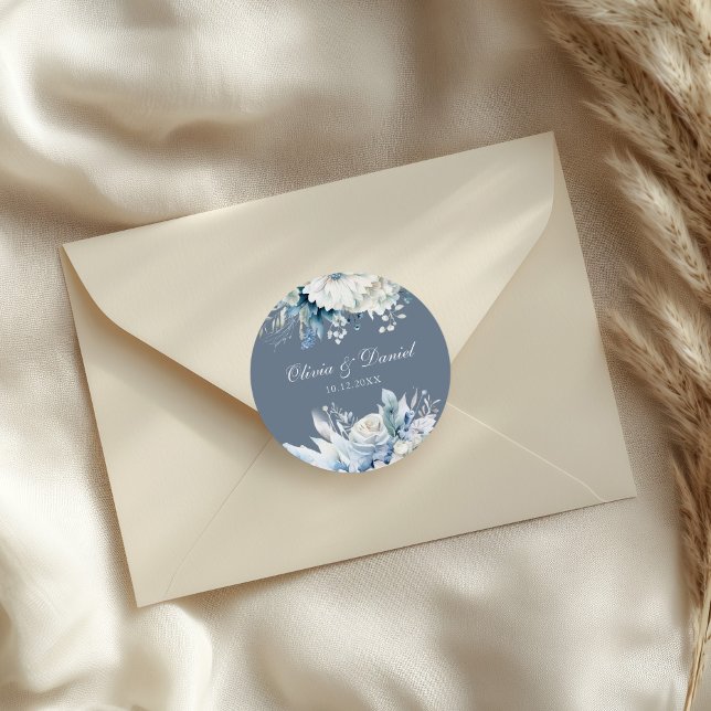 Modern Dusty Blue Wildflowers Wedding Classic Round Sticker (Modern Dusty Blue Wildflowers Wedding Classic Round Sticker on a wedding envelope)