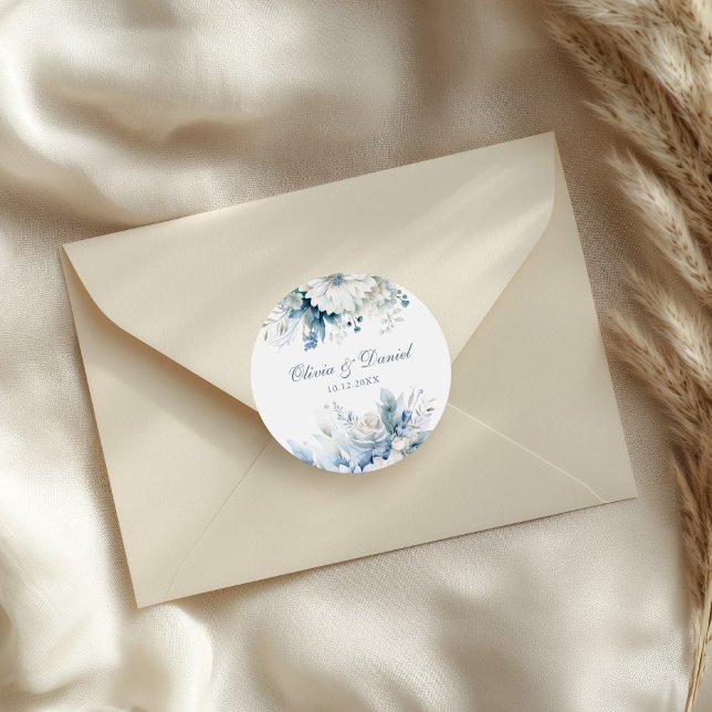 Modern Dusty Blue Wildflowers Wedding Classic Round Sticker (Modern Dusty Blue Wildflowers Wedding Classic Round Sticker on a wedding envelope.)