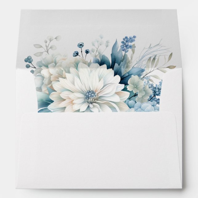 Modern Dusty Blue Wildflowers Wedding Envelope (Back (Bottom))