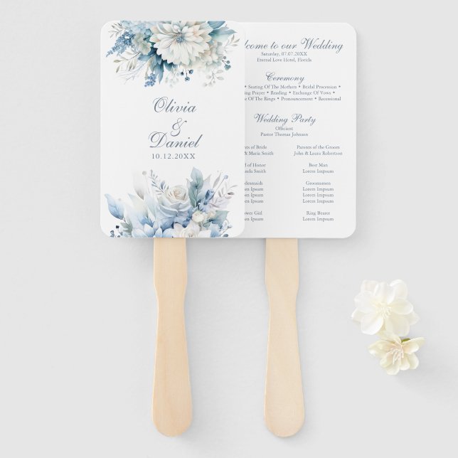 Modern Dusty Blue Wildflowers Wedding Program Hand Fan (Front and Back)