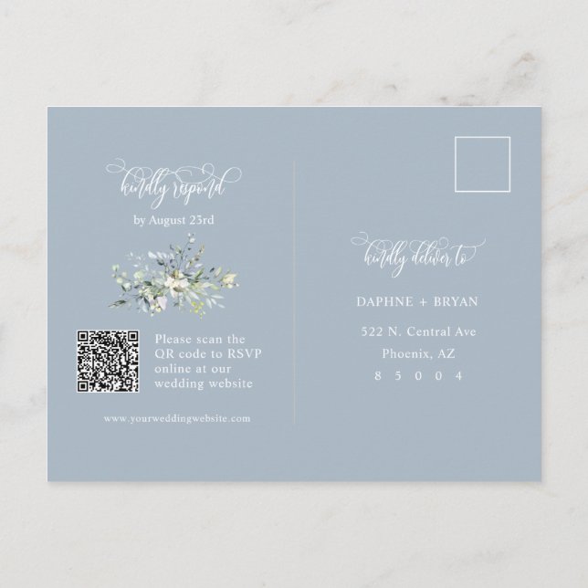Modern Dusty Blue Winter Green Leaves QR Code RSVP Postcard (Back)