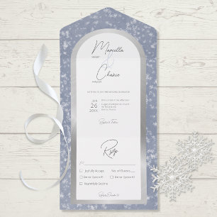 Modern Dusty Blue & Winter Snow Silver Dinner     All In One Invitation