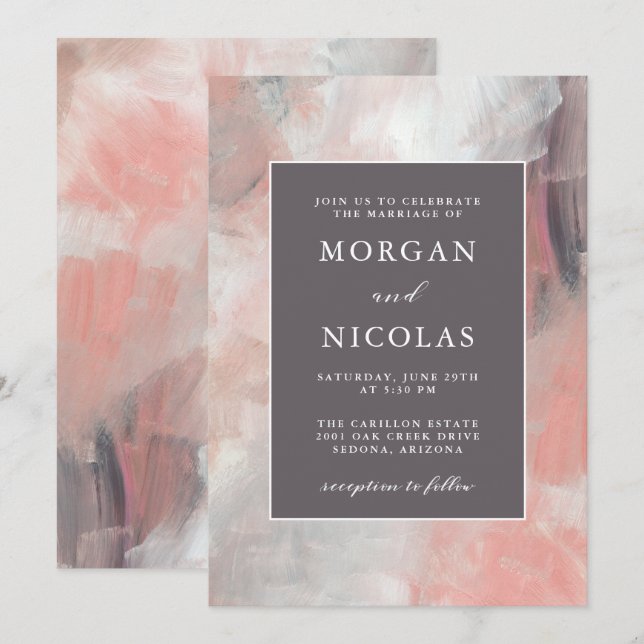 Modern Dusty Coral and Grey Brush Strokes Wedding Invitation (Front/Back)