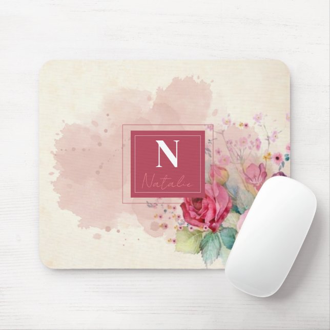 Modern dusty floral l Elegant border burgandy pink Mouse Mat (With Mouse)
