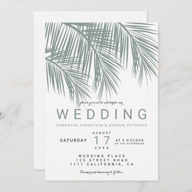 Modern dusty green palm tree elegant wedding invitation (Front/Back)