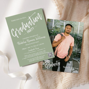 Modern Dusty Green QR Code Photo Graduation Party Invitation