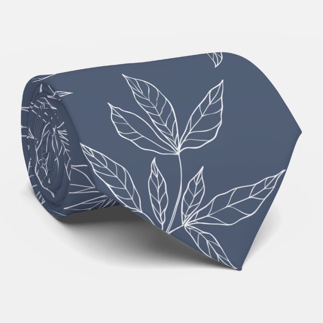 Modern Dusty Grey Navy & White Peony Leaf Wedding Tie (Rolled)
