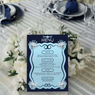 Modern Dusty Light Blue Boho Floral Navy Wedding  Menu