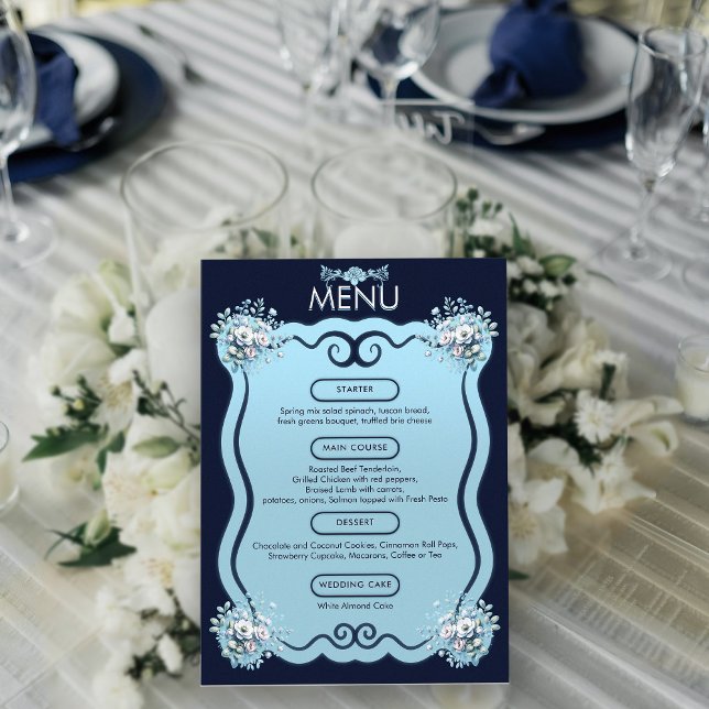 Modern Dusty Light Blue Boho Floral Navy Wedding  Menu (Creator Uploaded)