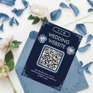 Modern Dusty Light Blue Boho Navy Wedding QR Code Enclosure Card