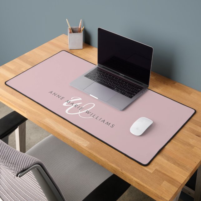 Modern Dusty Lilac White Script Monogram Desk Mat (Office 2)
