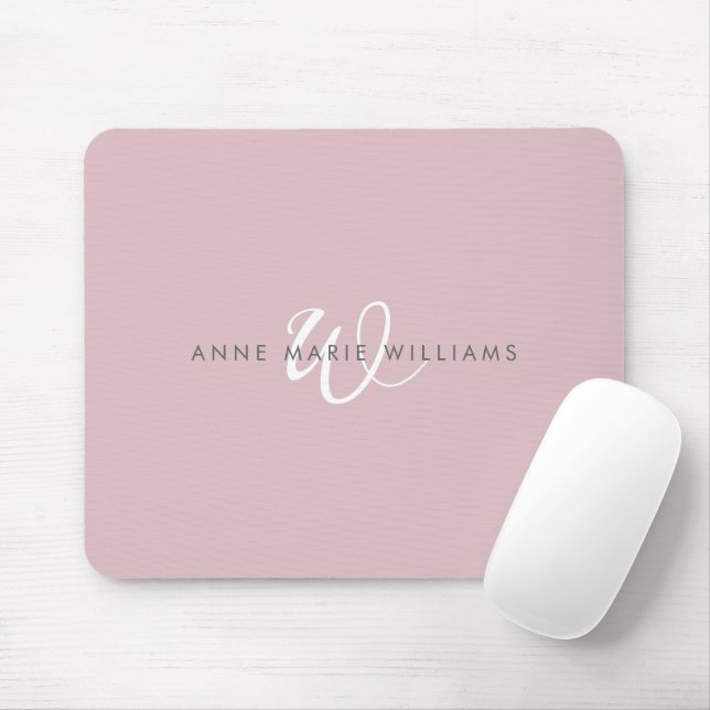 Modern Dusty Lilac White Script Monogram Mouse Mat (With Mouse)