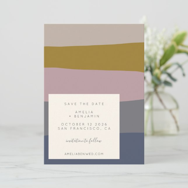 Modern Dusty Mauve and Blue Colour Block Minimalis Save The Date (Standing Front)
