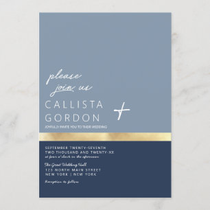 Modern Dusty Navy Blue Gold Colour Block Wedding Invitation