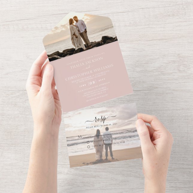 Modern Dusty Pink 2 Photo RSVP Wedding  All In One Invitation (Tearaway)