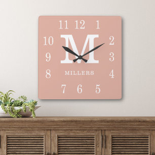 Modern Dusty Pink And White Family Name Monogram Square Wall Clock