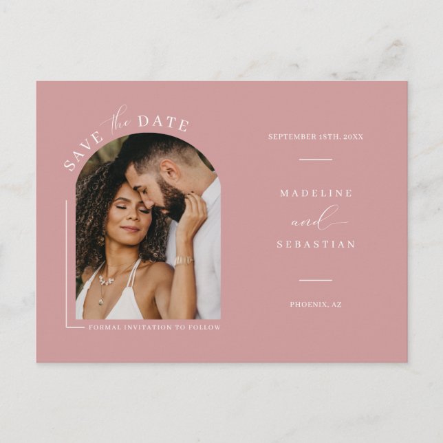 Modern Dusty Pink Arch Photo QR Code Save the Date Postcard (Front)