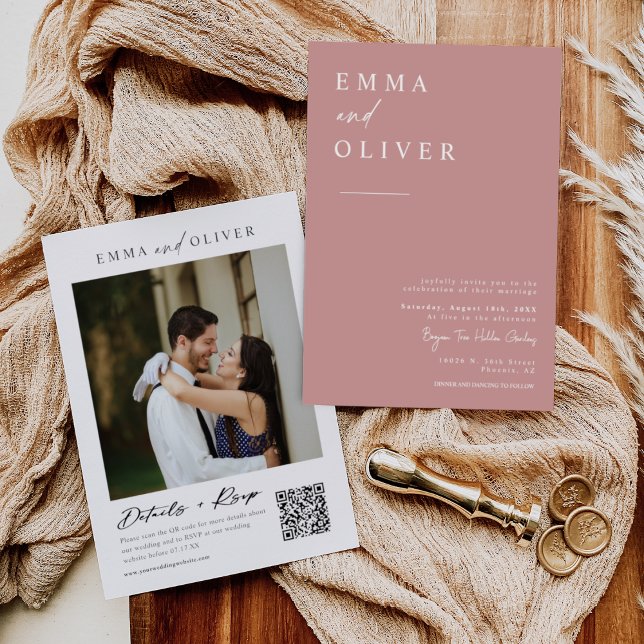 Modern Dusty Pink Boho Wedding Photo QR Code RSVP Invitation (Creator Uploaded)