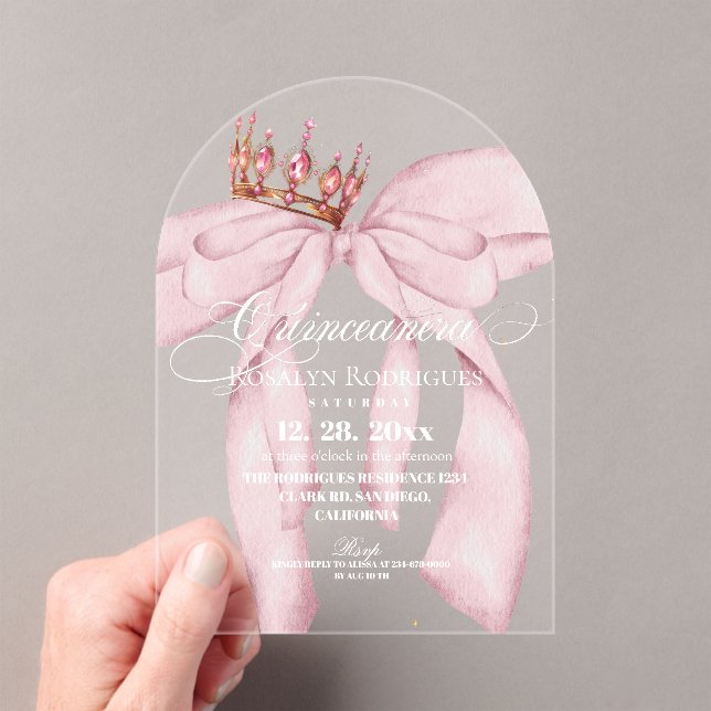 Modern Dusty Pink Bow Princess Quinceanera Acrylic Invitations (Insitu (Handheld))
