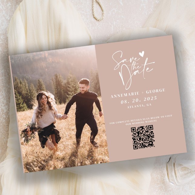 Modern Dusty Pink Calligraphy Photo QR Code Save The Date (Creator Uploaded)