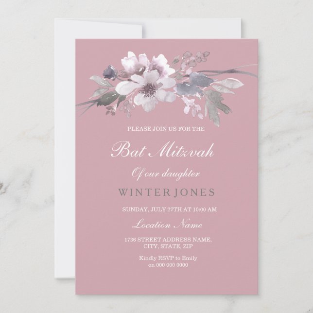 Modern Dusty Pink Floral Bat Mitzvah Invitation (Front)