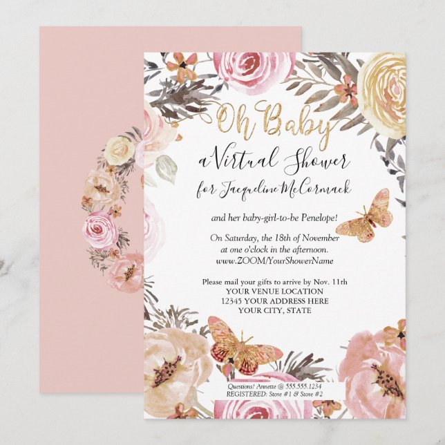 Modern Dusty Pink Floral Butterfly Virtual Shower Invitation (Front/Back)