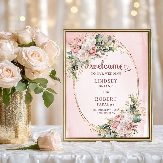 Modern Dusty Pink Floral Gold Glitter Welcome Sign (Modern Dusty Pink Floral Gold Glitter Welcome Sign)
