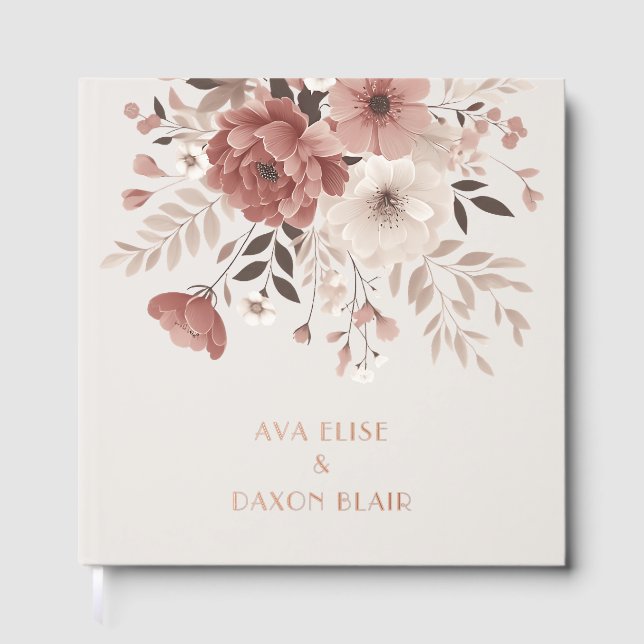 Modern & Dusty Pink Floral Wedding Gold Guest Book (Front)