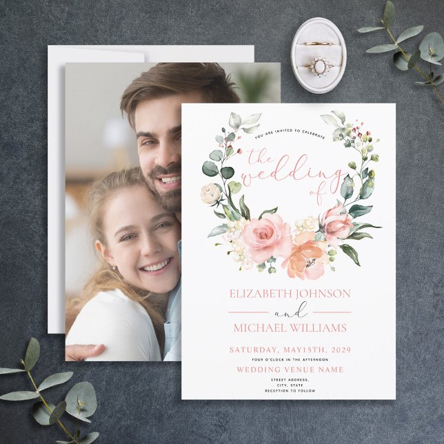 Modern Dusty Pink Floral Wreath Photo Wedding Invitation (Creator Uploaded)