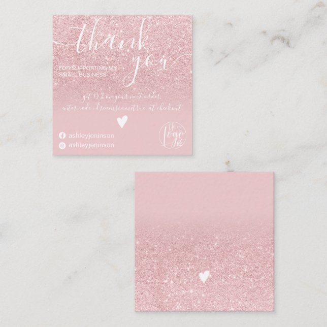 Modern dusty pink glitter ombre order thank you square business card (Front/Back)