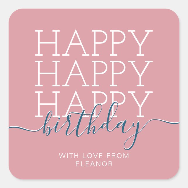 Modern dusty pink Happy Birthday Square Sticker (Front)