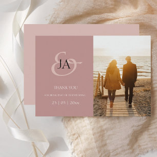 Modern Dusty Pink Monogram Photo Wedding Thank You