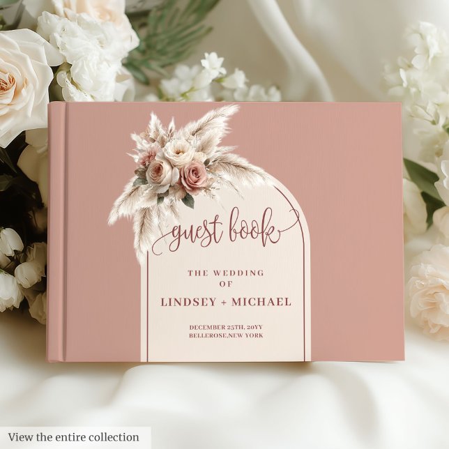 Modern Dusty Pink Pampas Grass Boho Arch Wedding Guest Book (Modern Dusty Pink Pampas Grass Boho Wedding Book)