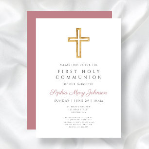 Modern Dusty Pink Religious Girl First Communion Invitation