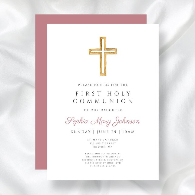 Modern Dusty Pink Religious Girl First Communion Invitation (Modern Dusty Pink Religious Girl First Communion Invitation)