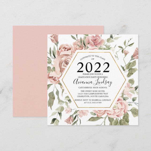 Modern Dusty Pink Rose Botanical Graduation  Invit Invitation (Front/Back)