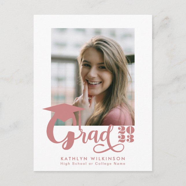 Modern Dusty Pink Script Trendy Photo Graduation Announcement Postcard (Front)