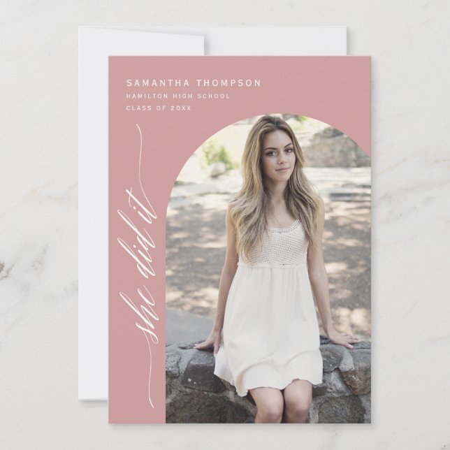 Modern Dusty Pink She Did It Graduation Arch Photo Invitation (Front)