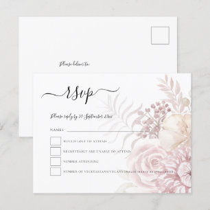 Modern Dusty Pink Tinted Florals Wedding RSVP Invitation Postcard