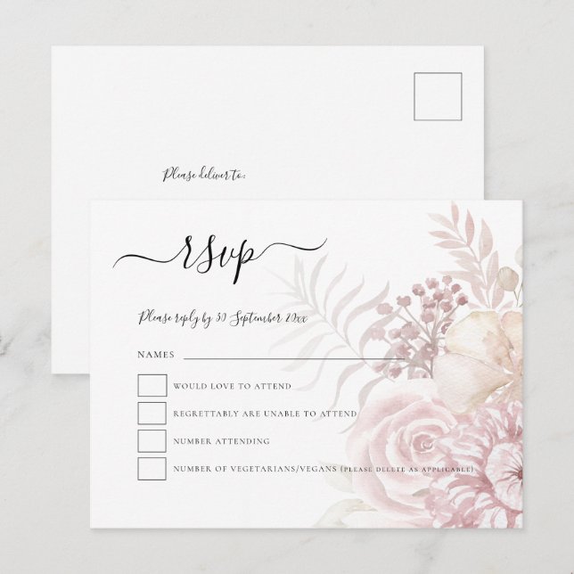Modern Dusty Pink Tinted Florals Wedding RSVP Invitation Postcard (Front/Back)