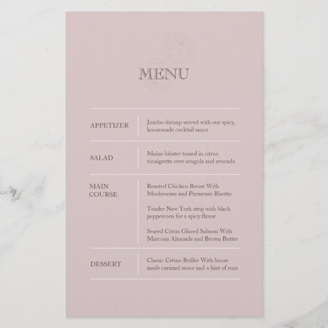 Modern Dusty Pink Wedding Menu (Front)