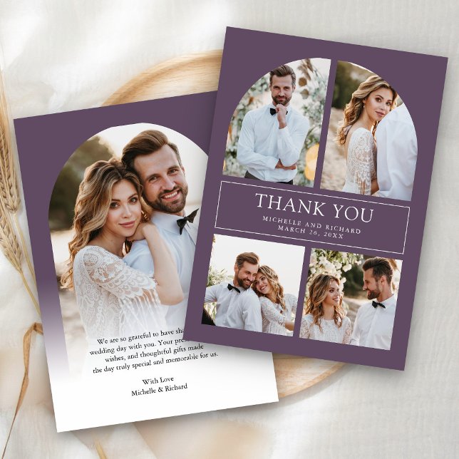 Modern Dusty Purple Arch Photo Collage Wedding Thank You Card (Creator Uploaded)