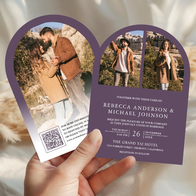 Modern Dusty Purple Arch Photo QR Code Wedding Invitation (Creator Uploaded)